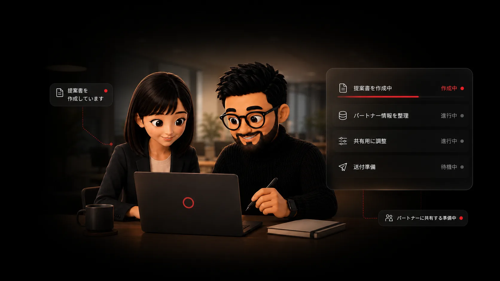 aibooが提案書作成・パートナー情報の整理・共有準備を進める様子